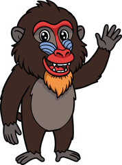 Fototapeta premium Cartoon mandrill standing upright, waving hand, colorful face, smiling expression, flat vector, isolated, cad drawing