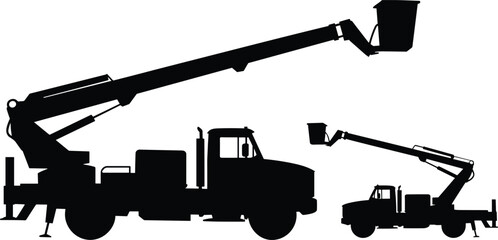 Aerial work platform truck silhouette, bucket lift vehicle icons, hydraulic boom equipment, construction maintenance machinery, black vector illustration © Creatives World