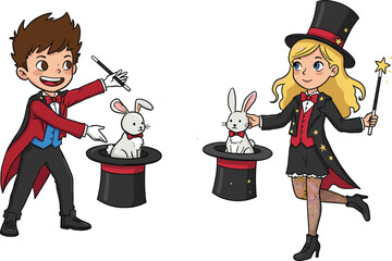 Cartoon magicians performing magic trick, rabbit in hat, stage show, fantasy, imagination, colorful illustration, childhood entertainment, comic style, performance © meri999