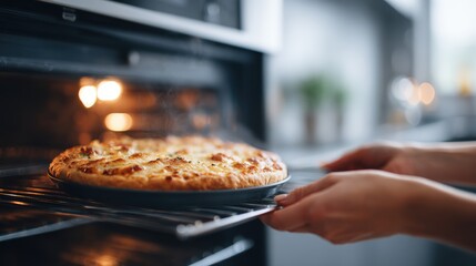 Freshly baked bread being pulled from the oven, showcasing a golden crust and steam rising, creating a warm and inviting atmosphere in a cozy kitchen setting