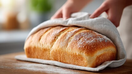 Freshly baked loaf of bread being uncovered with a linen cloth on a wooden table, showcasing golden crust and soft texture, perfect for culinary delight and home baking inspiration