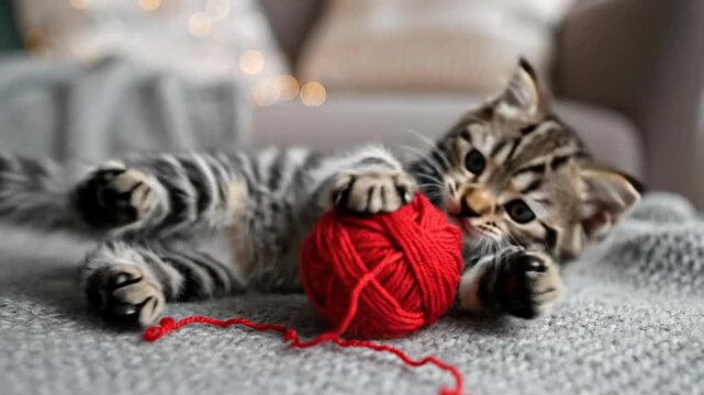 Adorable Tabby Kitten Plays with Red Yarn Ball on a Cozy Blanket.