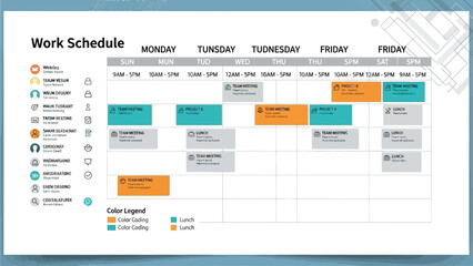 Organizing Tasks on a Weekly Planner with Color-Coded Schedules and Meeting Notes