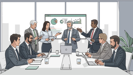 Business professionals engaging in a collaborative meeting discussion around a conference table with presentation display