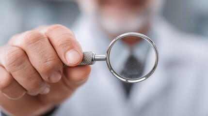 Doctor or scientist holding a magnifying glass toward the camera. Perfect for research blogs, medical analysis sites, or educational platforms discussing investigation, diagnostics, and science.