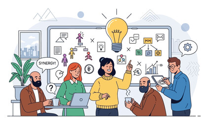 Team brainstorming session with creative ideas and innovation in a modern office setting