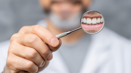 Close-up of a dentist's mirror showing a clear reflection of healthy white teeth. Perfect for dental clinic websites, oral hygiene blogs, and medical insurance marketing.