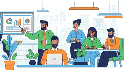 Business Team Collaborating in a Modern Office Setting with Graphs and Plants