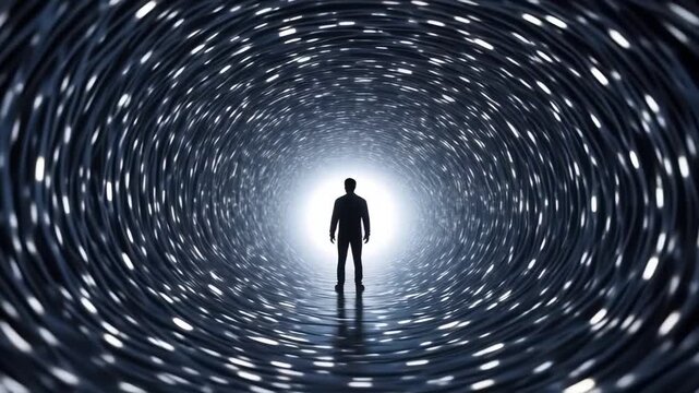 Silhouette at the Threshold Journey Through the Cosmic Tunnel. Video Generative AI.