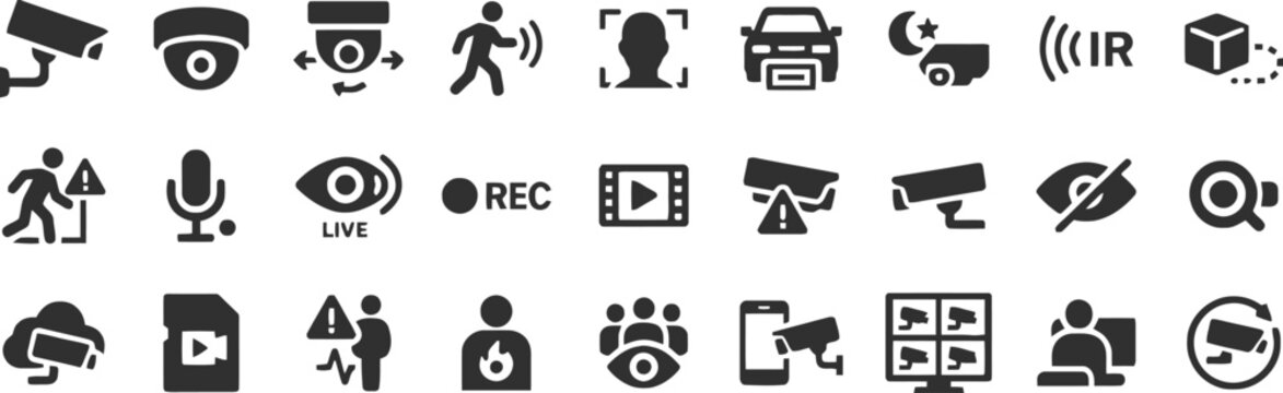 Security camera icons for protection and surveillance and safety system guarding premises for security monitoring