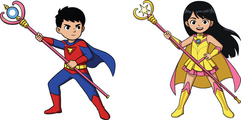 Cartoon superhero boy and girl, magical warrior kids, fantasy costume characters, holding staffs, action pose, colorful illustration, children adventure art © meri999
