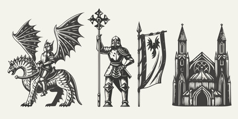 Medieval fantasy illustration featuring a knight dragon and gothic architecture © Ajay