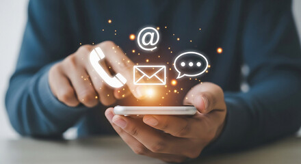 Person holding smartphone with communication floating above it hand