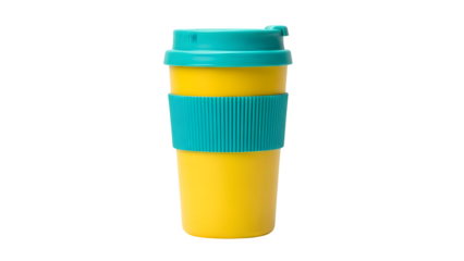 Yellow travel mug with teal lid and grip isolated on transparent background