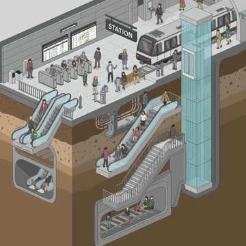 Underground Train Station with People and Escalators.