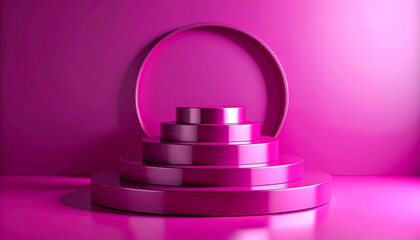 Monochromatic pink podium with concentric circular tiers, glossy surfaces, modern geometric stage design.