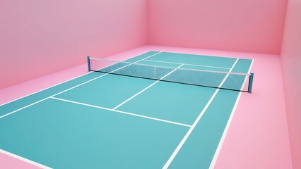 Minimalist 3 D Render of a Bright Teal Tennis Court with Net Against Pink Gradient Background teal surface