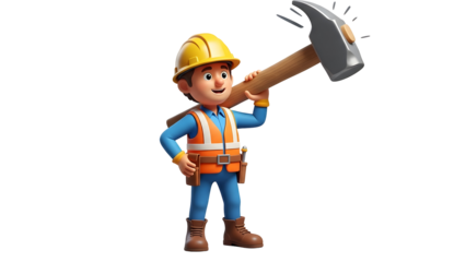 Labour day cartoon construction worker with hammer isolated on transparent background