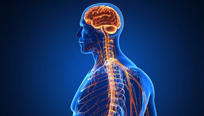 Digital illustration of human nervous system, glowing brain and spinal cord, branching nerves, dark blue background.