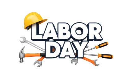 Labour day celebration with construction tools and hard hat isolated on transparent background