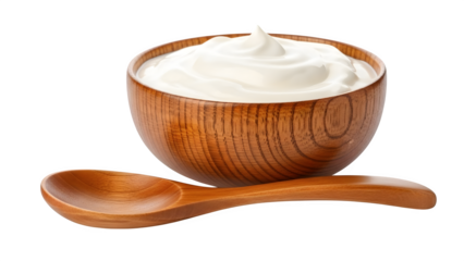 A wooden bowl filled with white cream isolated on transparent background