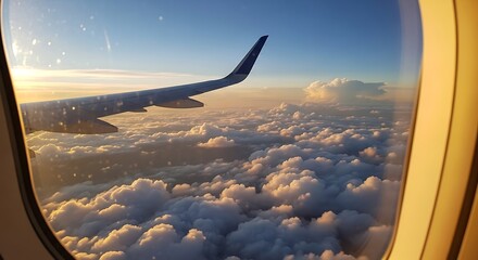 Aerial view of a wing extending out of an airplane window, overlooking a sea of clouds bathed in golden sunlight