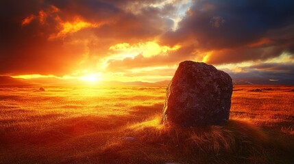 Dramatic sunset over a vast, golden field with a solitary rock.