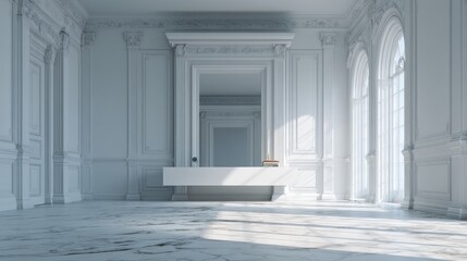 Grand white room with ornate molding and arched windows.