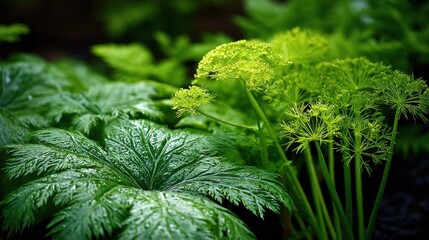 Close-up of vibrant green plants with dew drops.