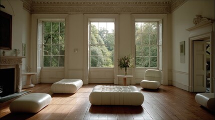 Cream-colored furniture arranged in a light-filled room.