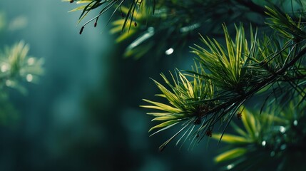 Close-up of pine needles in a muted green tone.