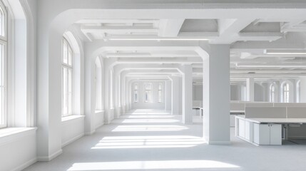 A sunlit, minimalist interior hallway.