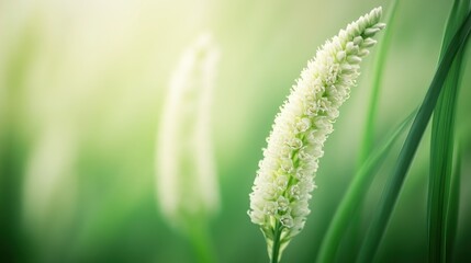 Delicate white flower spike against a blurred green background.