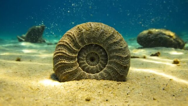 Ancient Fossilized Ammonite Shell Resting on Sandy Ocean Floor Underwater, Showing Intricate Spiral Details