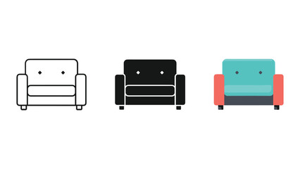 Set of three sofa icons in different colors and styles