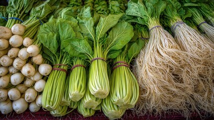 Fresh produce, including radishes and greens, arranged at a market stall.