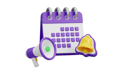 3D Calendar, Megaphone, and Bell Icon Arrangement