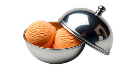 Two scoops of orange ice cream in a silver bowl isolated on transparent background