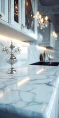 Sleek white marble countertop in a classic kitchen.