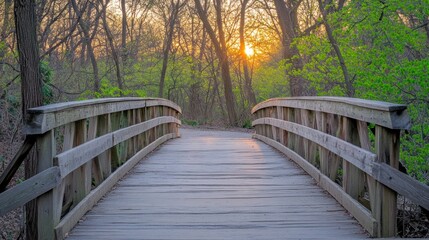 Wooden arch bridge at sunrise through a tranquil forest.
