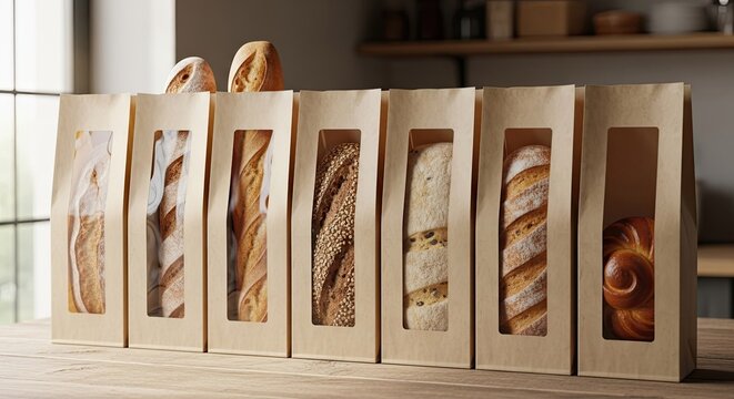 Assortment of freshly baked artisan breads in paper bags displayed at a bakery