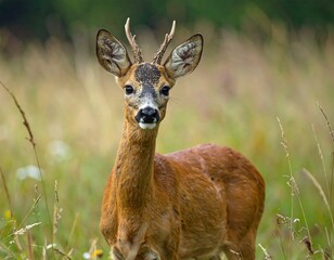 Graceful roe deer buck standing alert in a natural meadow environment