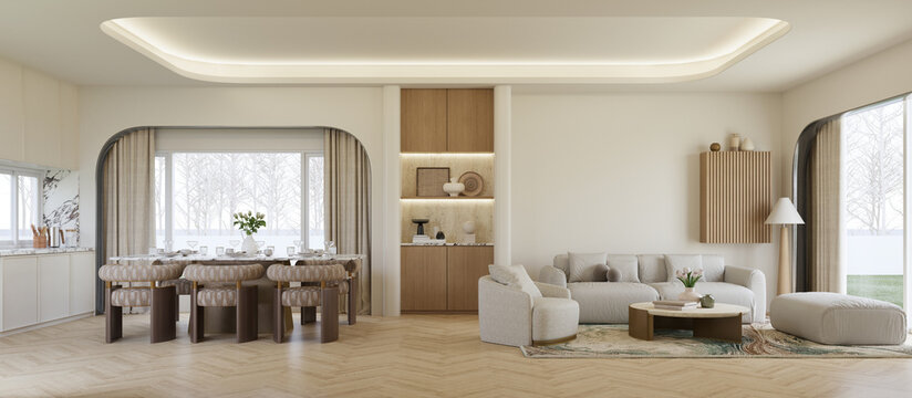 Panorama living and dining room.cozy and warm interior design. 3d rendering