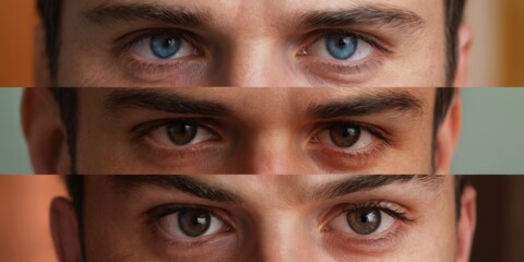 Closeup portrait of a man with varied eye angles, dark hair, blue eyes, groomed eyebrows, and serious mood, with a woman.