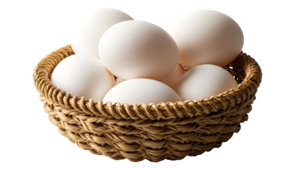 A wicker basket filled with white eggs isolated on transparent background