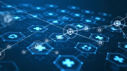 Futuristic digital network depicting interconnected medical symbols and data flow - Powered by Adobe