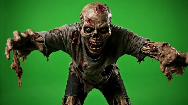 Zombie with torn flesh and exposed bone roars with menace against a vibrant green screen backdrop