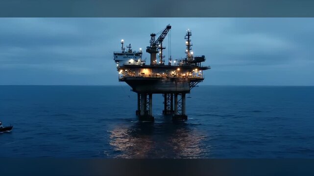 Offshore oil rig stands in ocean with boat nearby at evening. Platform lights reflect on sea near vessel. Oil rig with boat operates offshore. Petroleum platform illuminated above ocean water.
