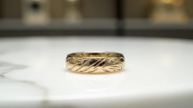 A close-up of a gold ring with etched leaf design, sitting on a white surface