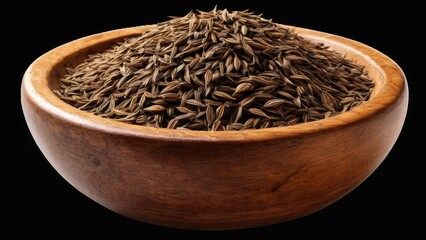 Wooden bowl filled with cumin seeds on black background  rustic and natural appearance, lightcolored wood with smooth finish.